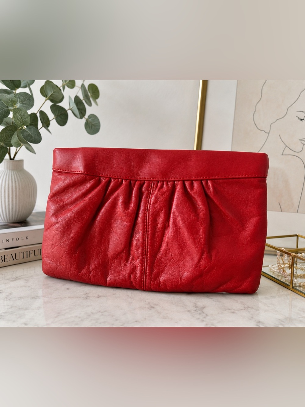 Vintage Red Leather Gathered Clutch Bag